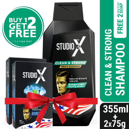 Studio X Clean & Strong Shampoo for Men 355ml (75gm X 2 Soap Free)