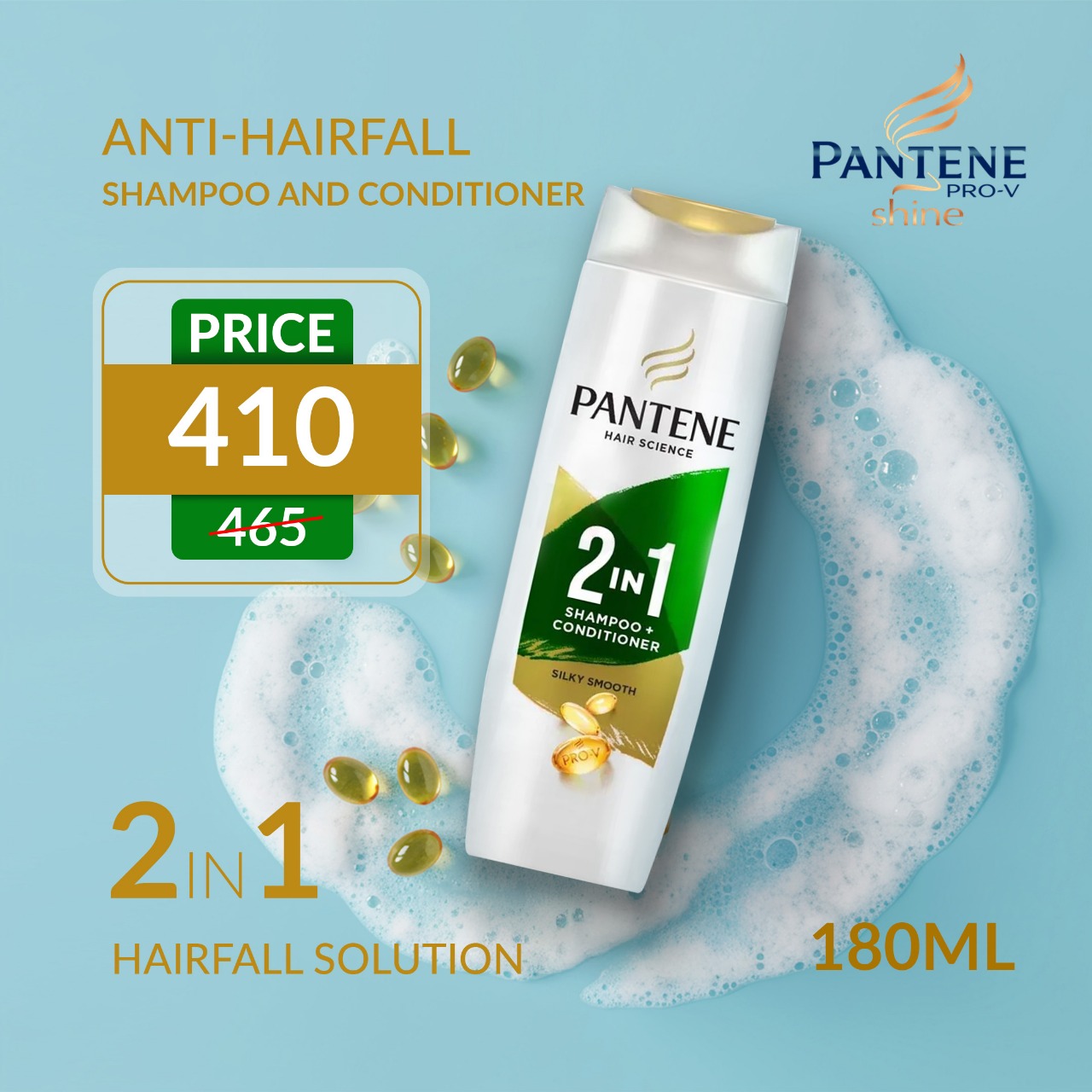 Pantene Hair Science Hairfall Solution 2in1 Anti-Hairfall Silky Smooth Shampoo and Conditioner for Women (180ml)